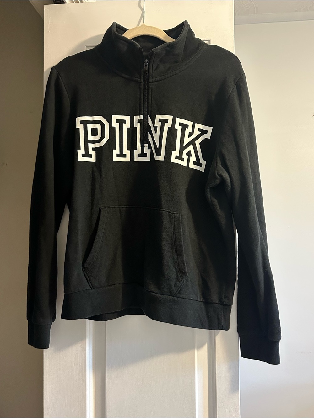 PINK Victoria's Secret Black Half-Zip Fleece Pullover with White Logo